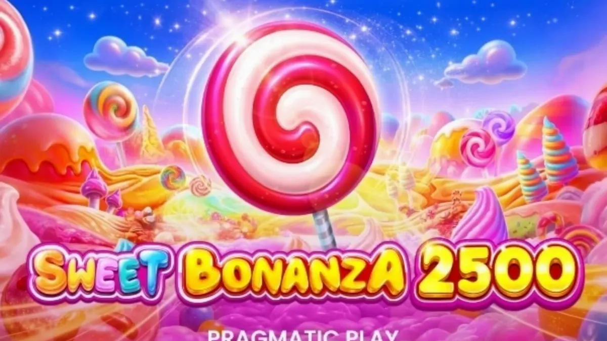 Tampilan visual penuh warna dari slot Sweet Bonanza 2500 dengan simbol permen dan buah-buahan.