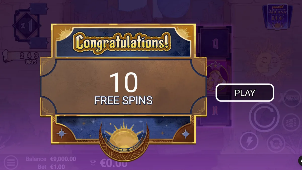 Tampilan visual slot Arcana Pop dengan tema tarot dan elemen mistis.